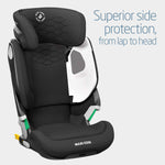 Maxi-Cosi child car seat with text highlighting side protection on a light gray background.