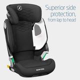 Maxi-Cosi child car seat with text highlighting side protection on a light gray background.