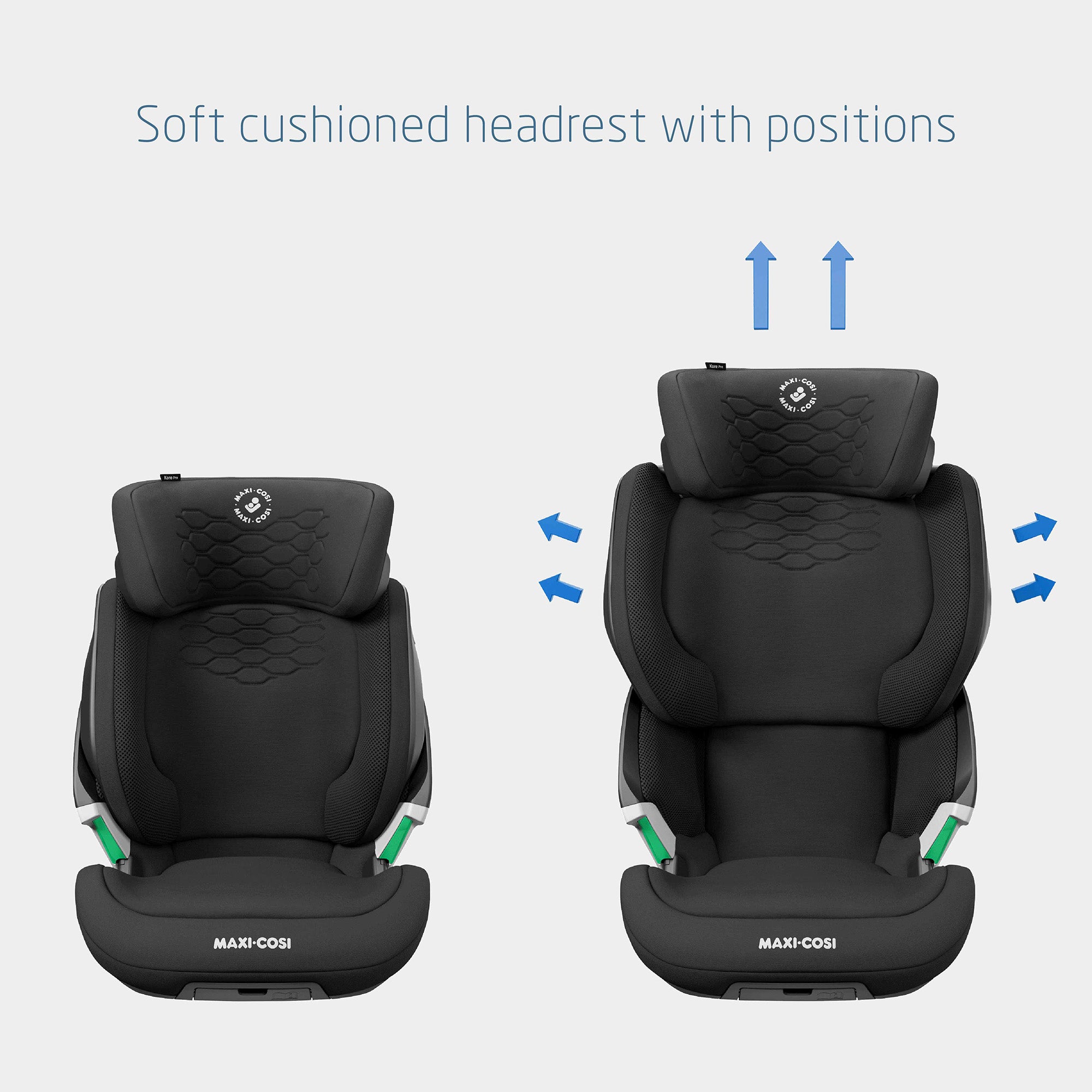 Maxi-Cosi car seat with soft cushioned headrest and adjustable positions on a gray background.
