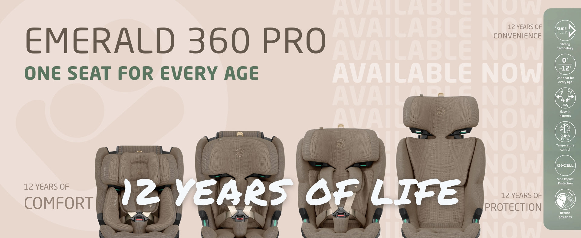 Website banner showcasing the Maxi-Cosi Emerald 360 Pro convertible car seat across four growth stages.