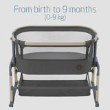 Portable baby crib for newborns to 9-month-olds with text indicating weight range.