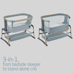 3-in-1 bedside sleeper and stand-alone crib on a light gray background