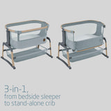 3-in-1 bedside sleeper and stand-alone crib on a light gray background