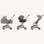 Three views of a beige stroller on a white background
