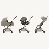 Three views of a beige stroller on a white background