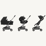 Three views of a black and gray stroller on a white background