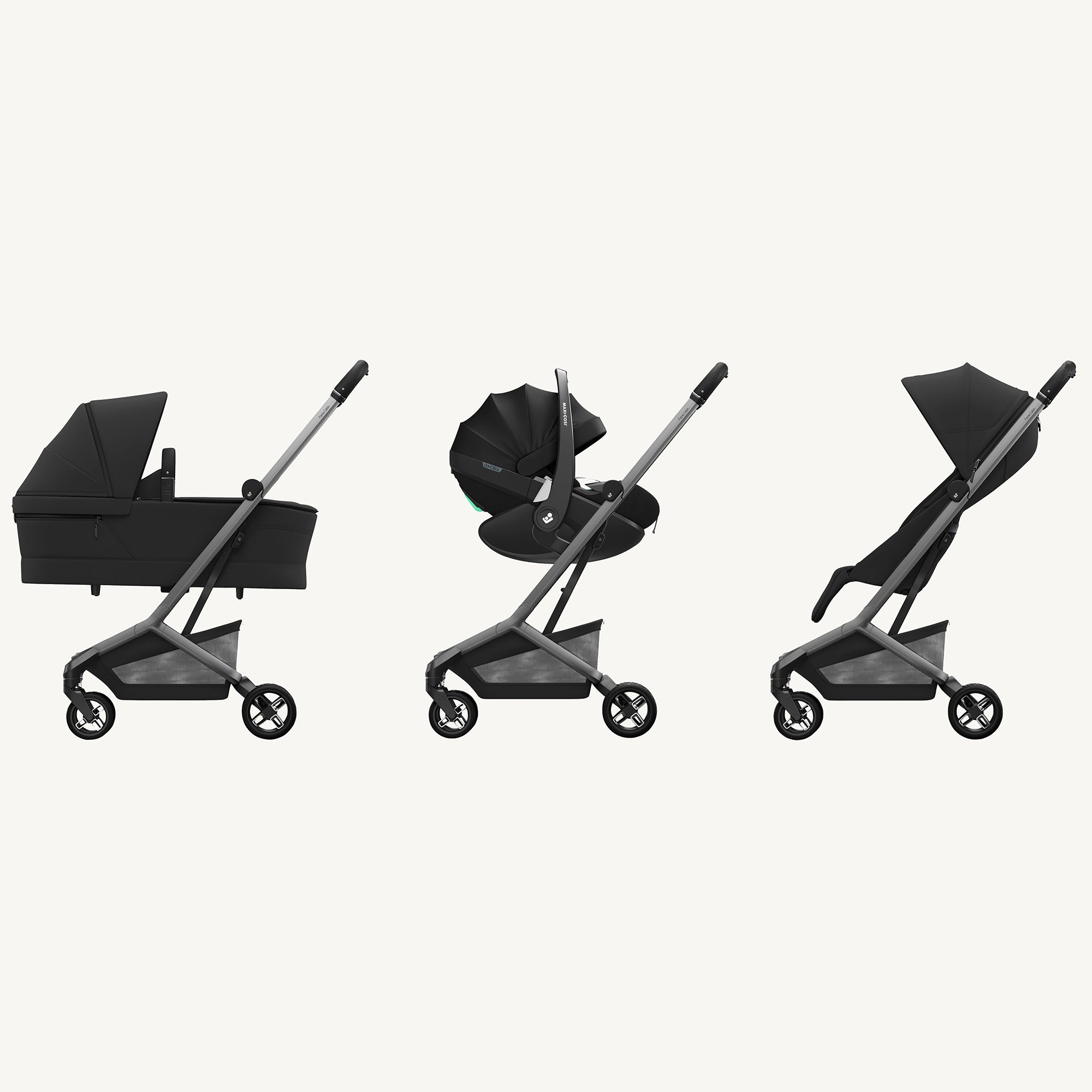 Three views of a black and gray stroller on a white background