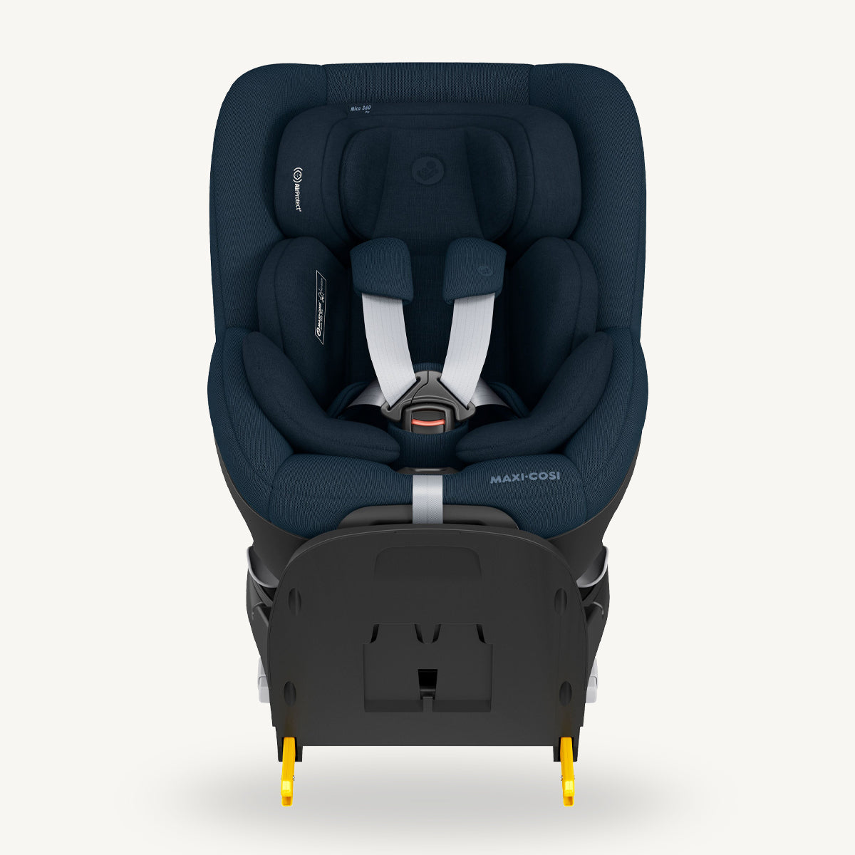 Navy blue car seat with visible Maxi-Cosi branding on a white background.