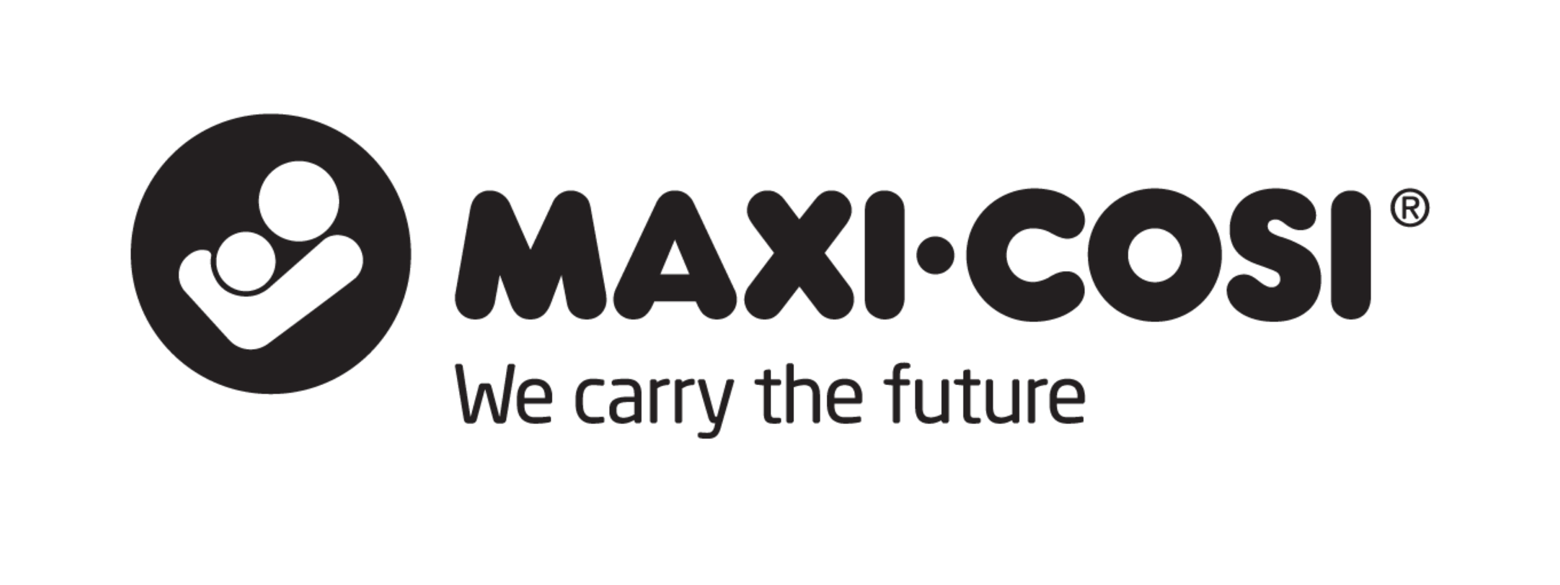 Maxi-Cosi logo in black with tagline 'We carry the future' on a white background.