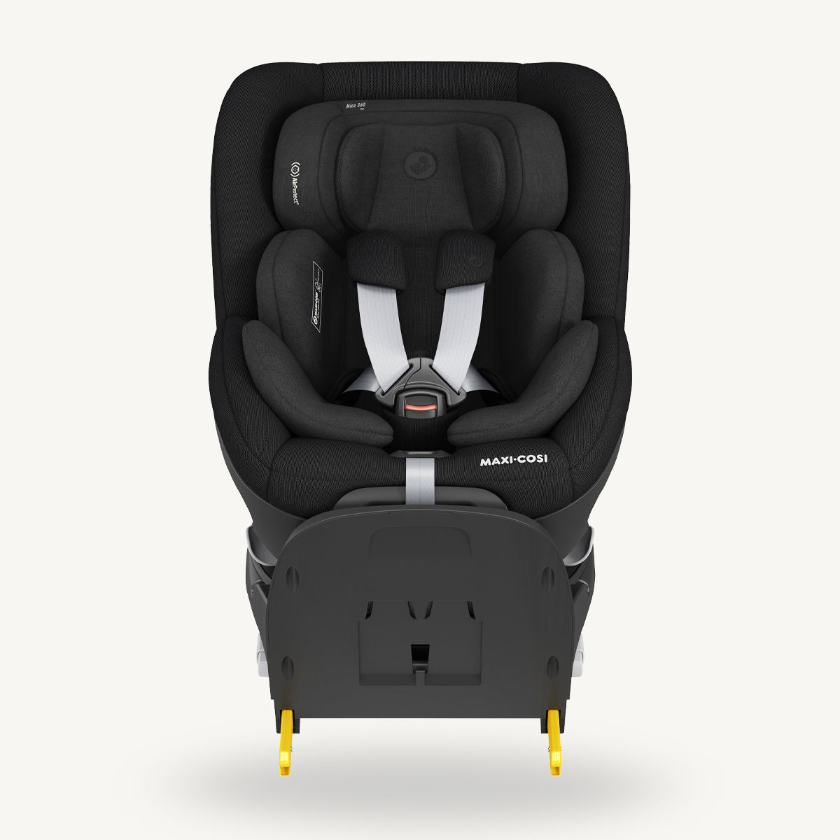A black Maxi-Cosi Mica 360 Pro infant and toddler car seat designed for comfort and safety.