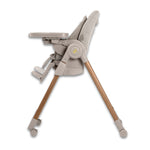 Baby high chair with beige frame and wooden legs on a white background.