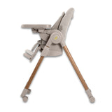 Baby high chair with beige frame and wooden legs on a white background.