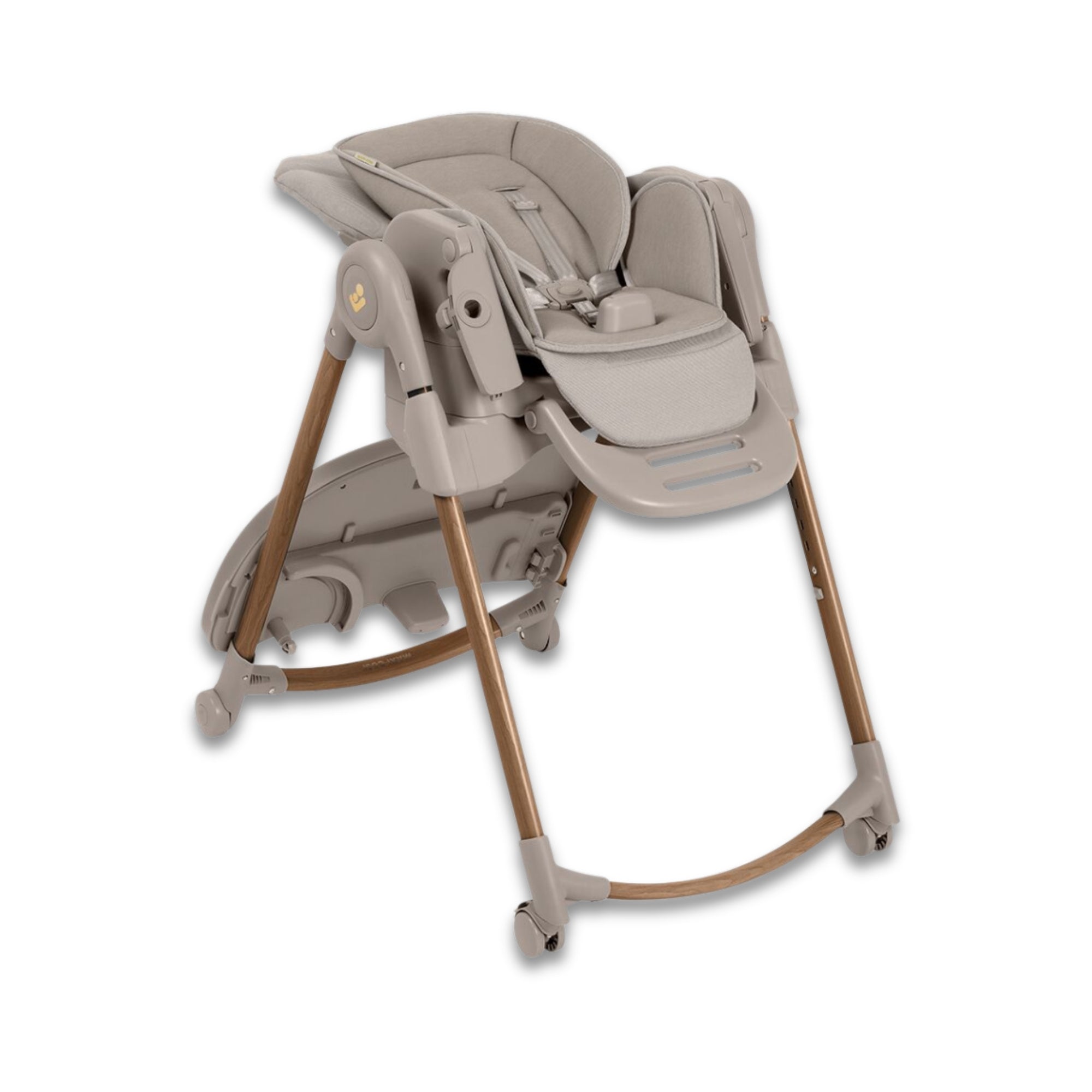 Beige baby high chair on a white background.