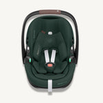 Front view of a dark green Maxi-Cosi Pebble 360 Pro² baby car seat with white harness straps on a light cream background.