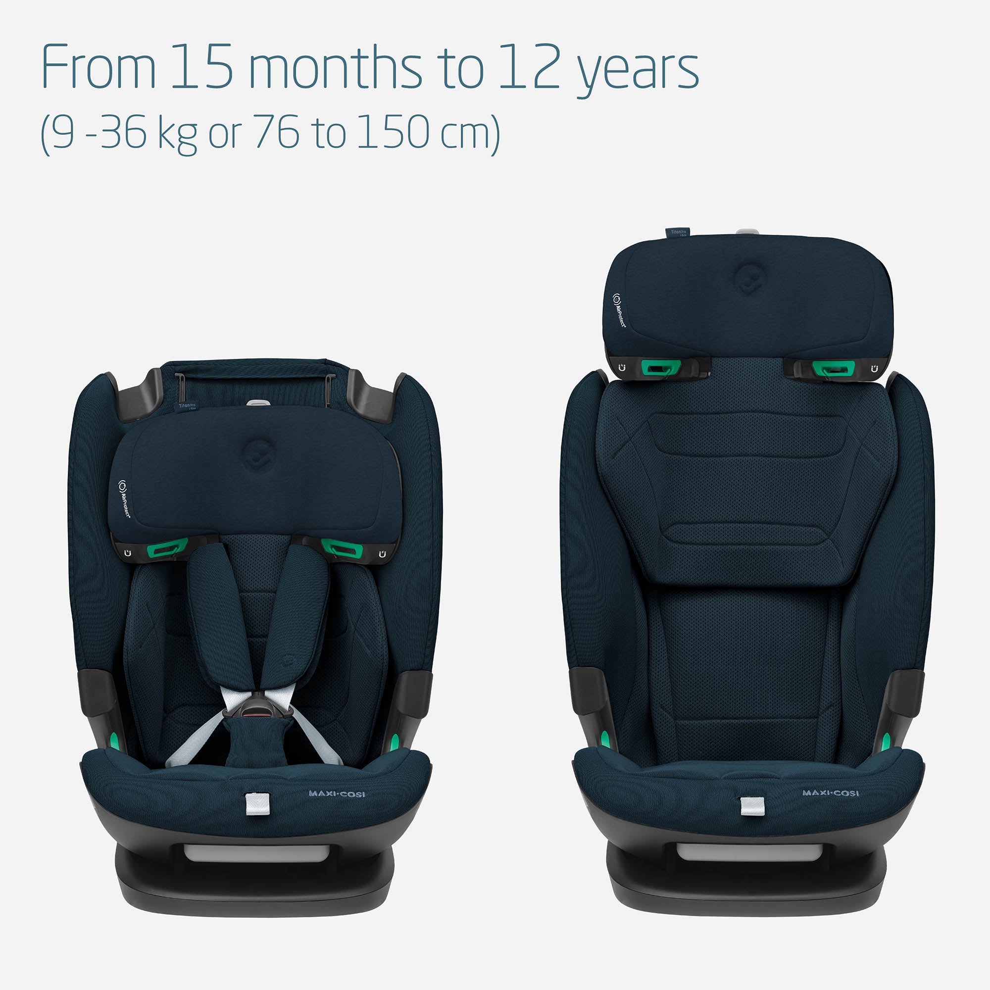 Maxi-Cosi Child car seat with text indicating age range from 15 months to 12 years.
