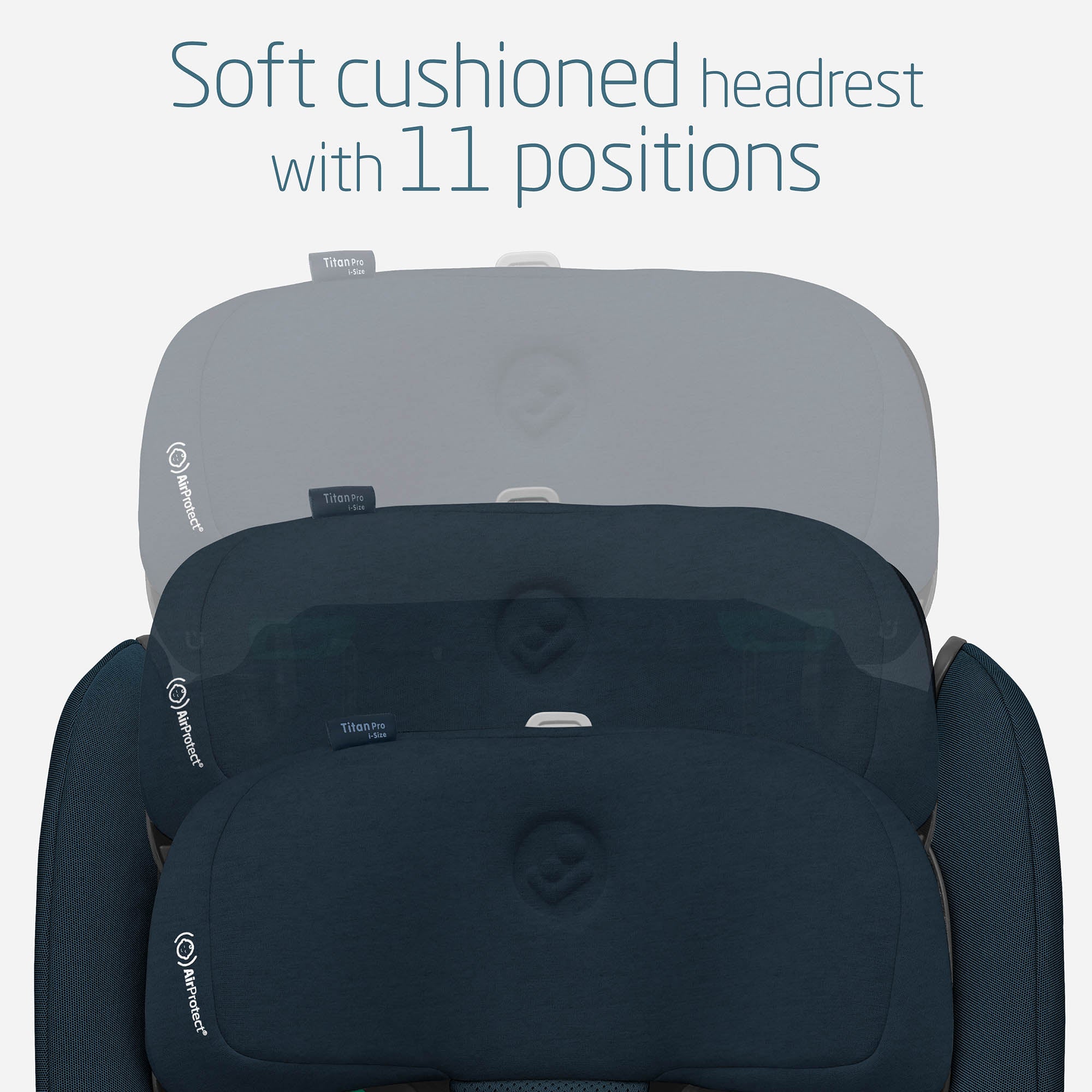 Maxi-Cosi Car seat with soft cushioned headrest and 11 positions on a light gray background.