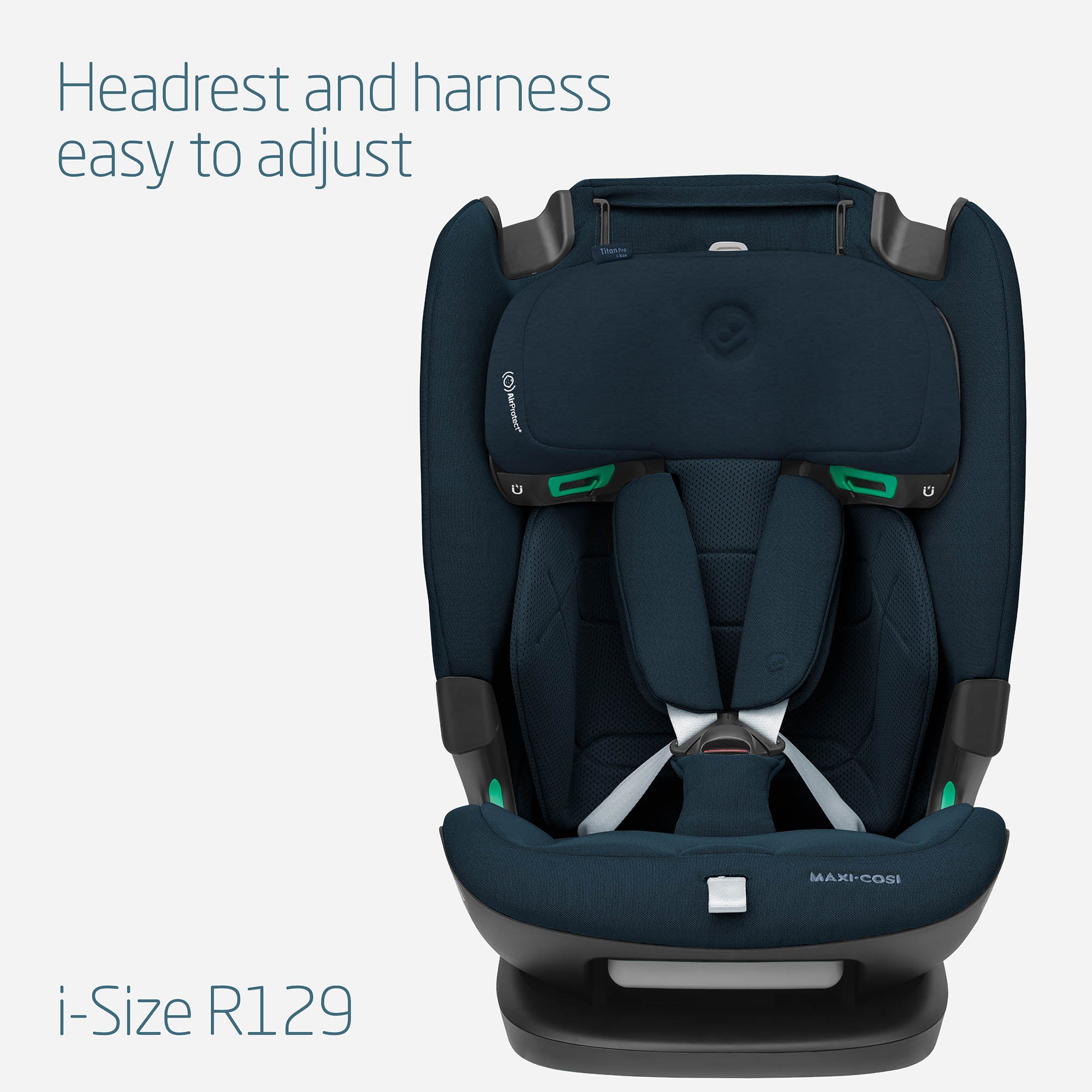 Navy blue Maxi-Cosi car seat with adjustable headrest and harness on a light gray background.